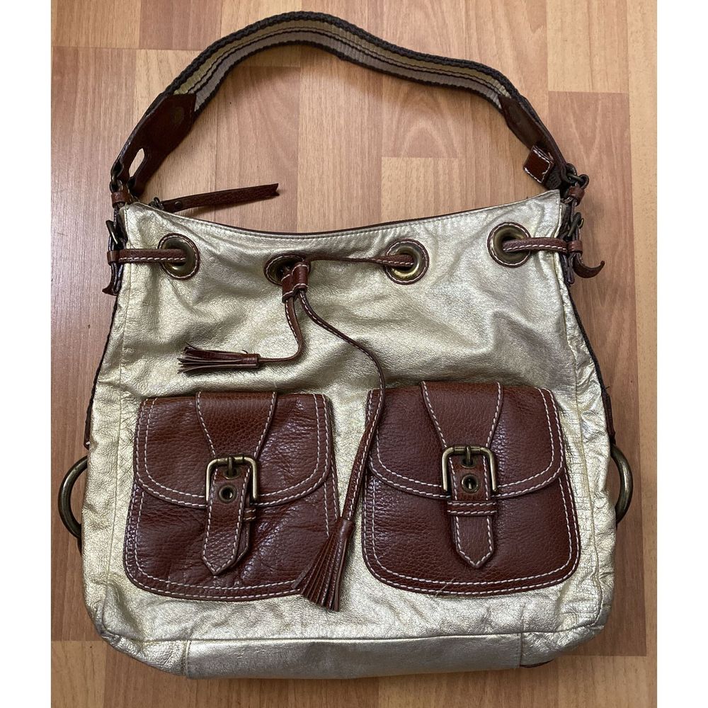 Vintage Isabella Fiore Metallic Gold Drawstring Shoulder Bag Purse Woven Strap